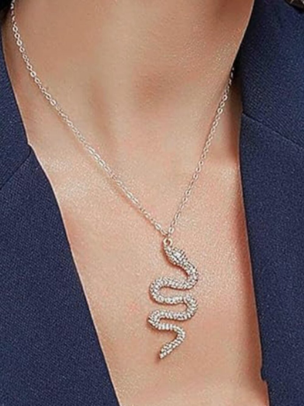 Silver Rhinestone Snake Pendant Necklace